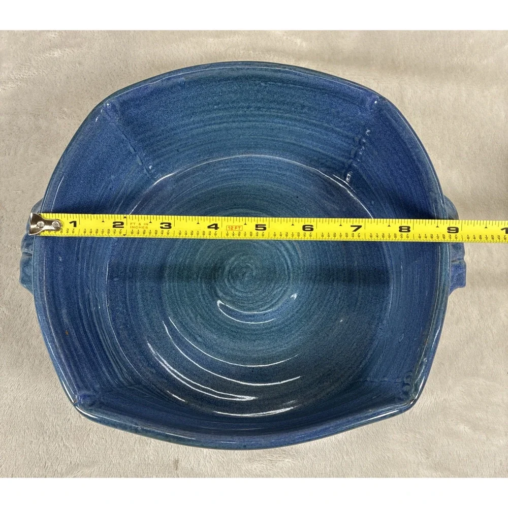 VTG Signed Studio Art Pottery Two Handled Decorative Bowl Blue Glaze 9